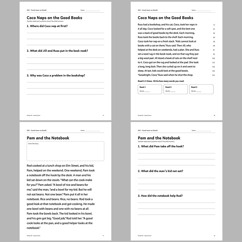 Vowel team oo (book) Decodable Readers | 10 Stories 44 Pages | Phonics Printable PDF | Ages 6-9