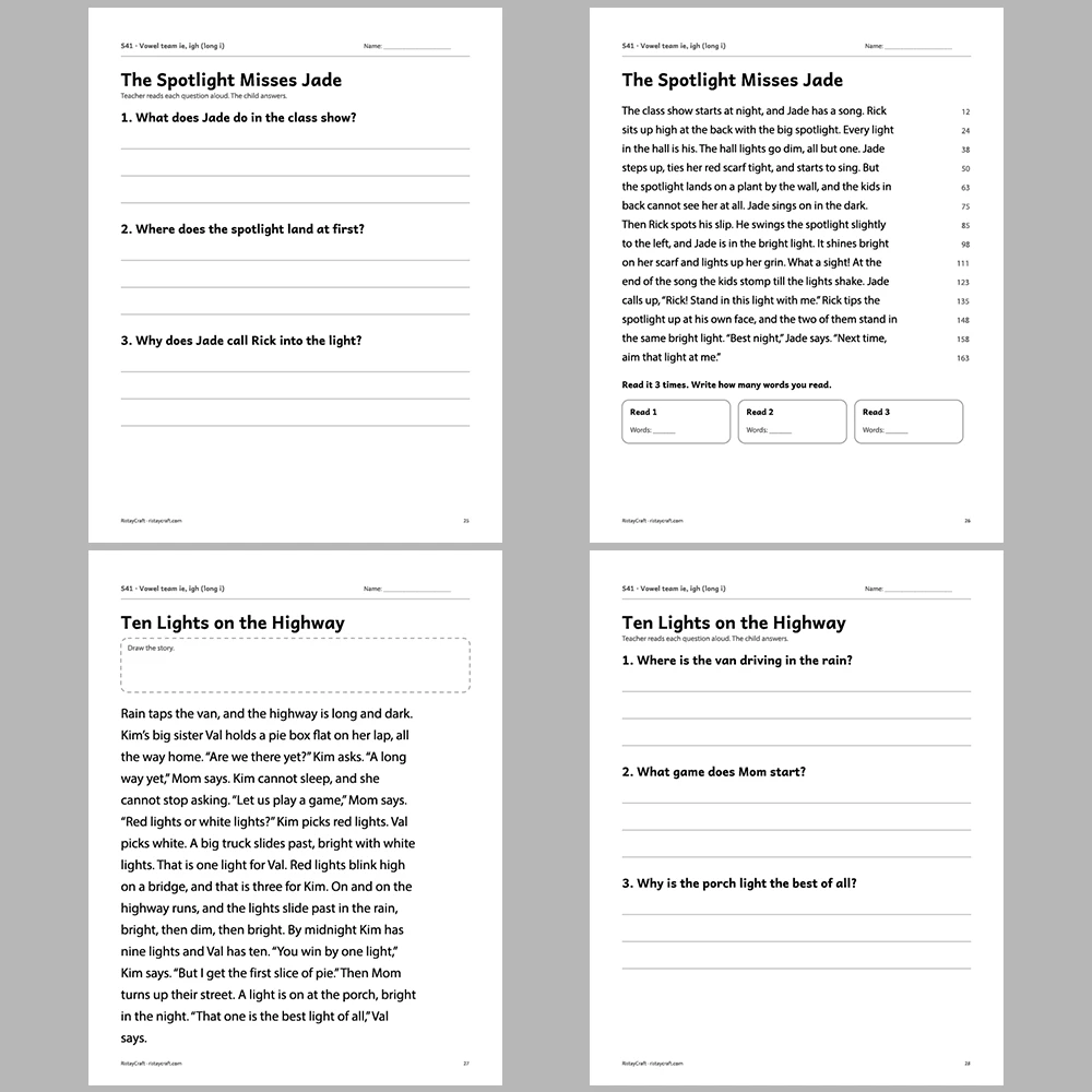 Vowel team ie, igh (long i) Decodable Readers | 10 Stories 44 Pages | Phonics Printable PDF | Ages 6-9