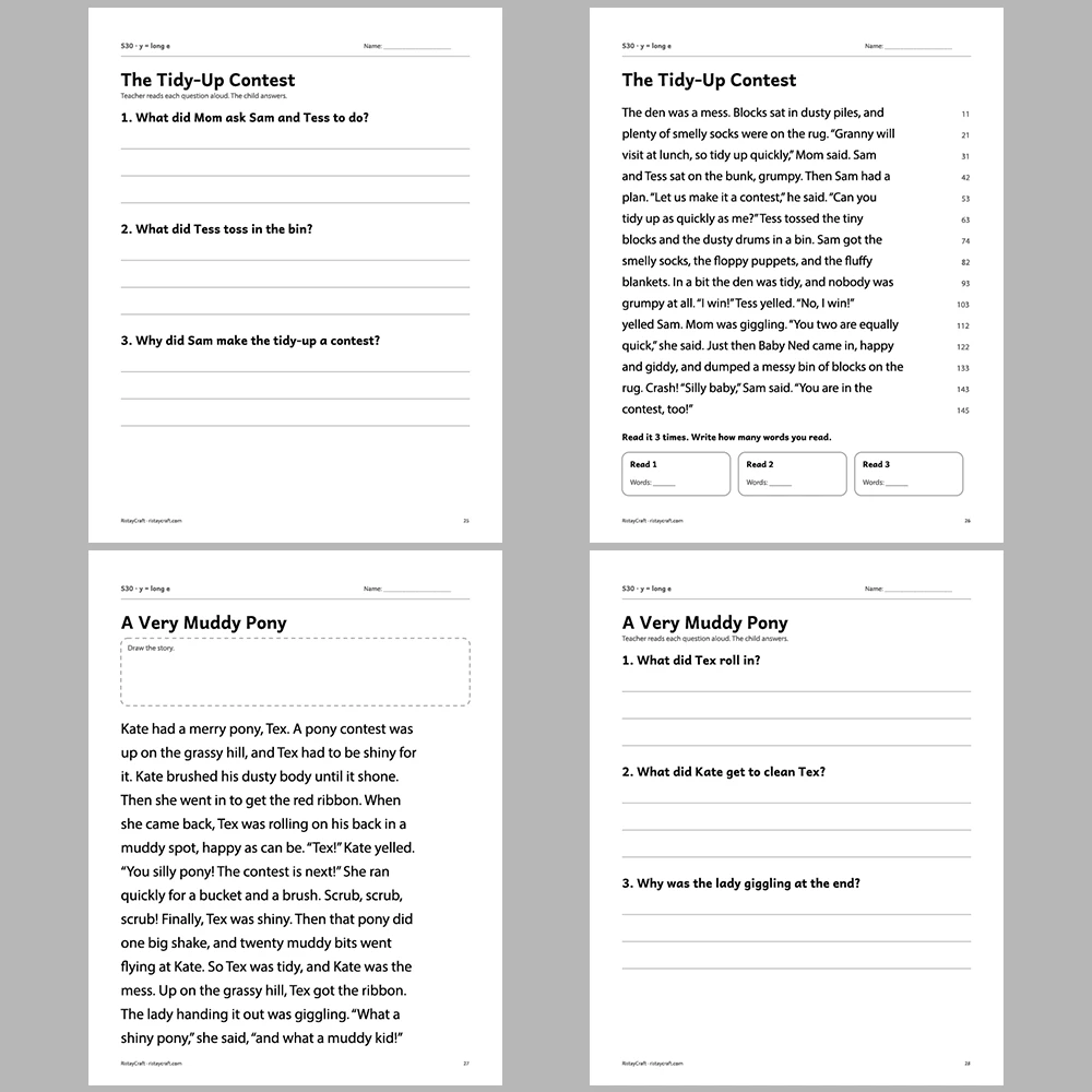 y = long e Decodable Readers | 10 Stories 44 Pages | Phonics Printable PDF | Ages 6-8