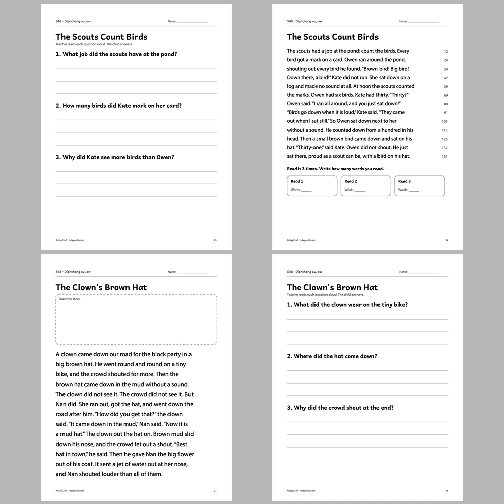 Diphthong ou, ow Decodable Readers | 10 Stories 44 Pages | Phonics Printable PDF | Ages 6-9