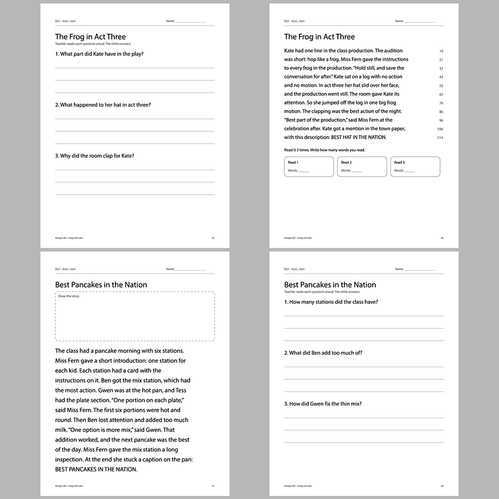 -tion, -sion Decodable Readers | 10 Stories 44 Pages | Phonics Printable PDF | Ages 6-9