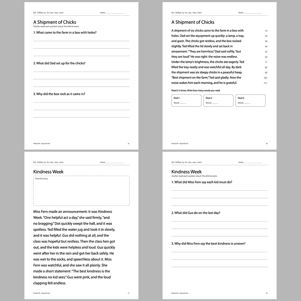 Suffixes -ly, -ful, -less, -ness, -ment Decodable Readers | 10 Stories 44 Pages | Phonics Printable PDF | Ages 6-9