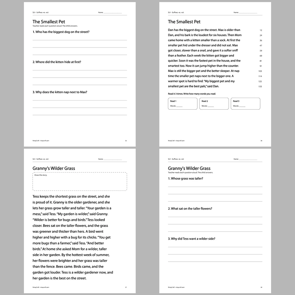 Suffixes -er, -est Decodable Readers | 10 Stories 44 Pages | Phonics Printable PDF | Ages 6-9