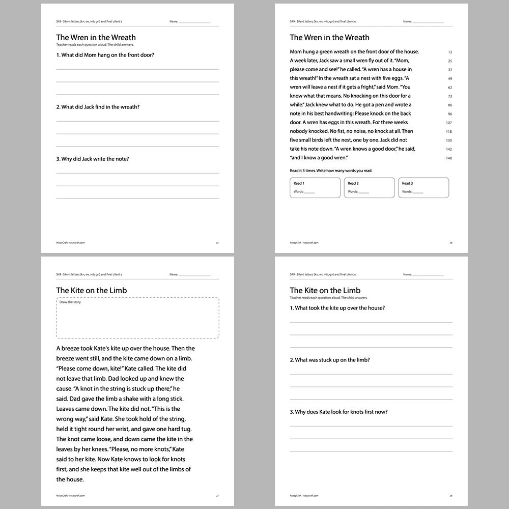 Silent letters (kn, wr, mb, gn) and final silent e Decodable Readers | 10 Stories 44 Pages | Phonics Printable PDF | Ages 6-9