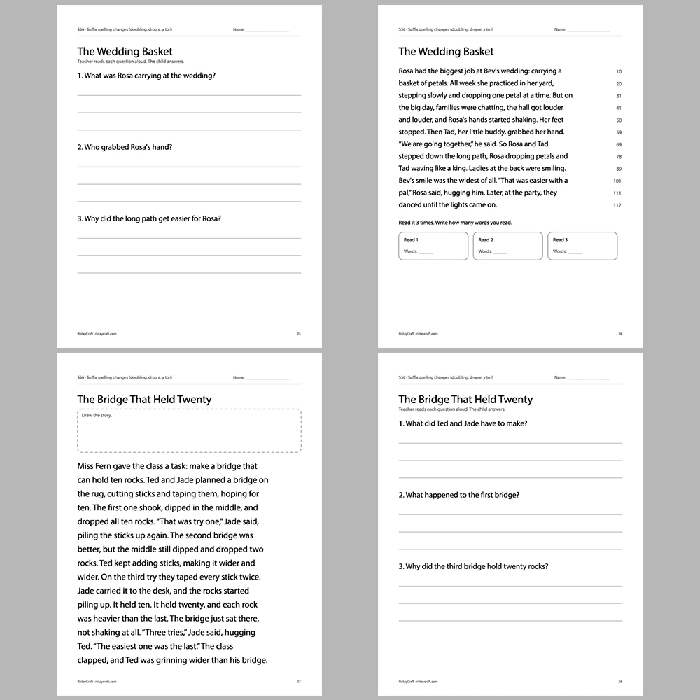 Suffix spelling changes (doubling, drop e, y to i) Decodable Readers | 10 Stories 44 Pages | Phonics Printable PDF | Ages 6-9