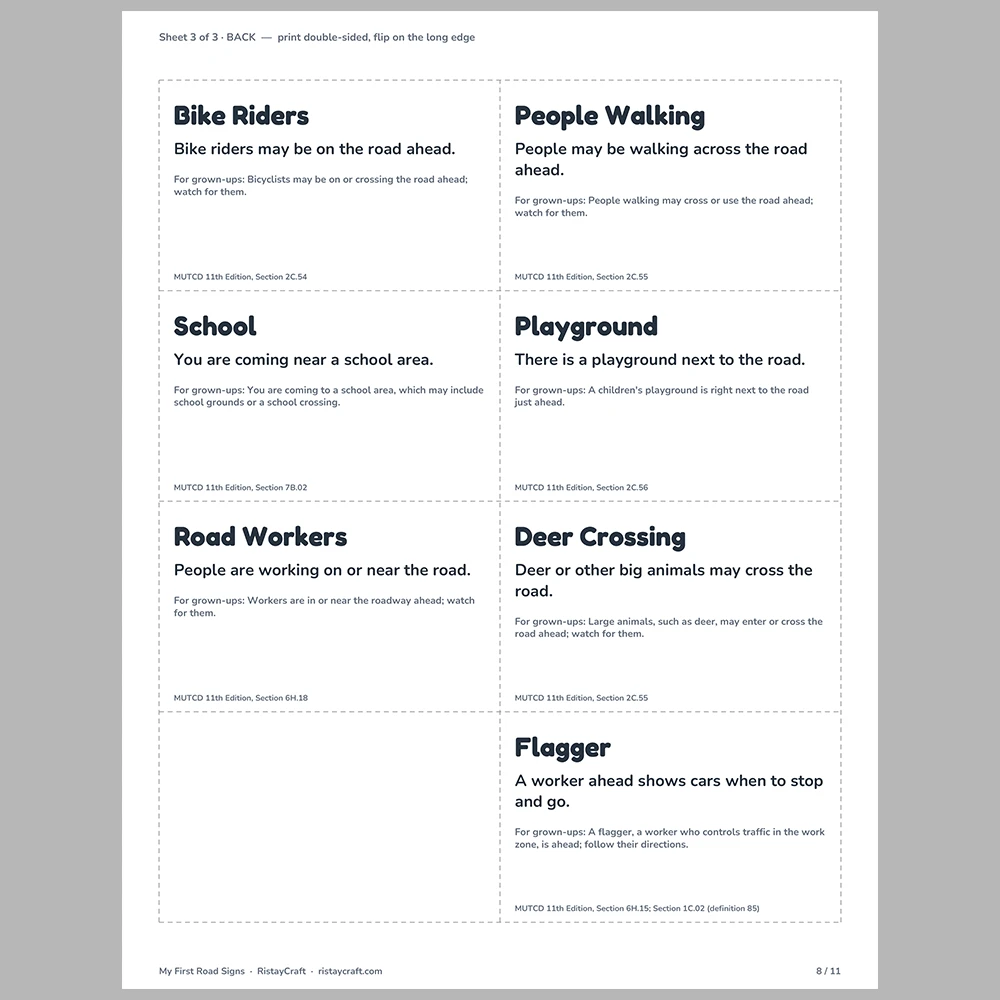 Road Signs Flash Cards for Kids | 23 Traffic Signs with Simple Meanings | Preschool Kindergarten Safety Activity | Printable PDF