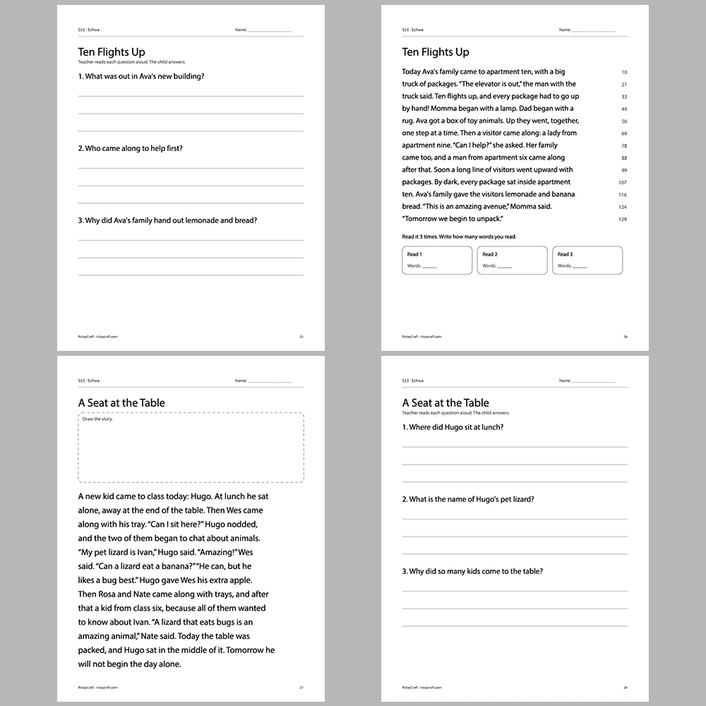 Schwa Decodable Readers | 10 Stories 44 Pages | Phonics Printable PDF | Ages 6-9