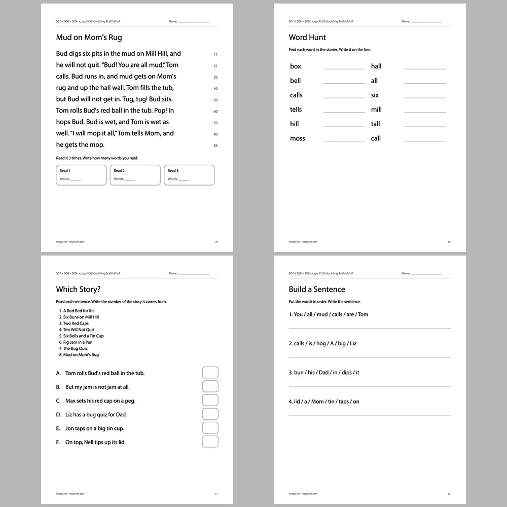x, qu, FLSZ doubling & all/oll/ull Decodable Readers | 8 Stories 38 Pages | Phonics Printable PDF | Ages 5-6