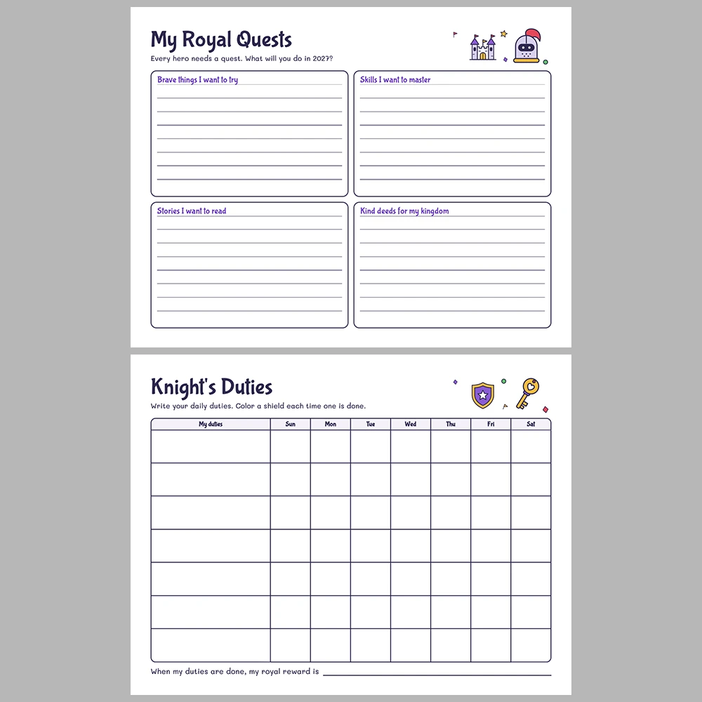 2027 Kids Calendar Printable | Castle & Dragons Monthly Calendar with Activities | Sunday & Monday Start | Letter A4 Desk Pad PDF
