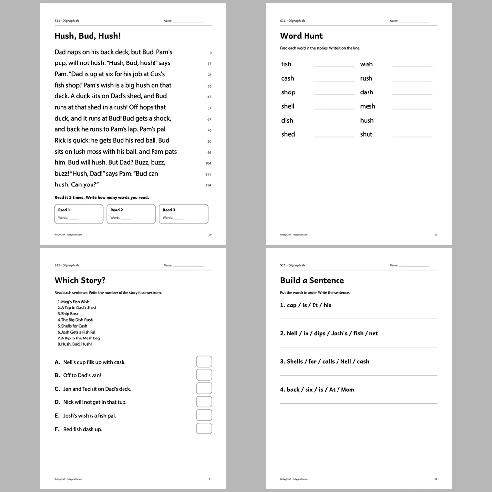 Digraph sh Decodable Readers | 8 Stories 38 Pages | Phonics Printable PDF | Ages 5-6