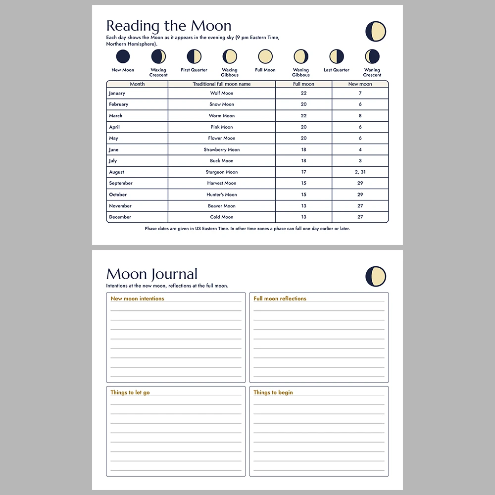 2027 Moon Phases Calendar Printable | Lunar Phase Monthly Wall Calendar | Sunday & Monday Start | Letter A4 Desk Pad PDF