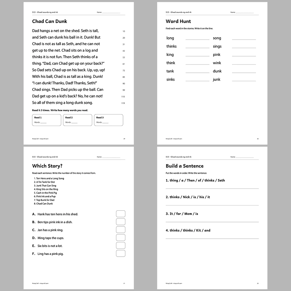 Glued sounds ng and nk Decodable Readers | 8 Stories 38 Pages | Phonics Printable PDF | Ages 5-6