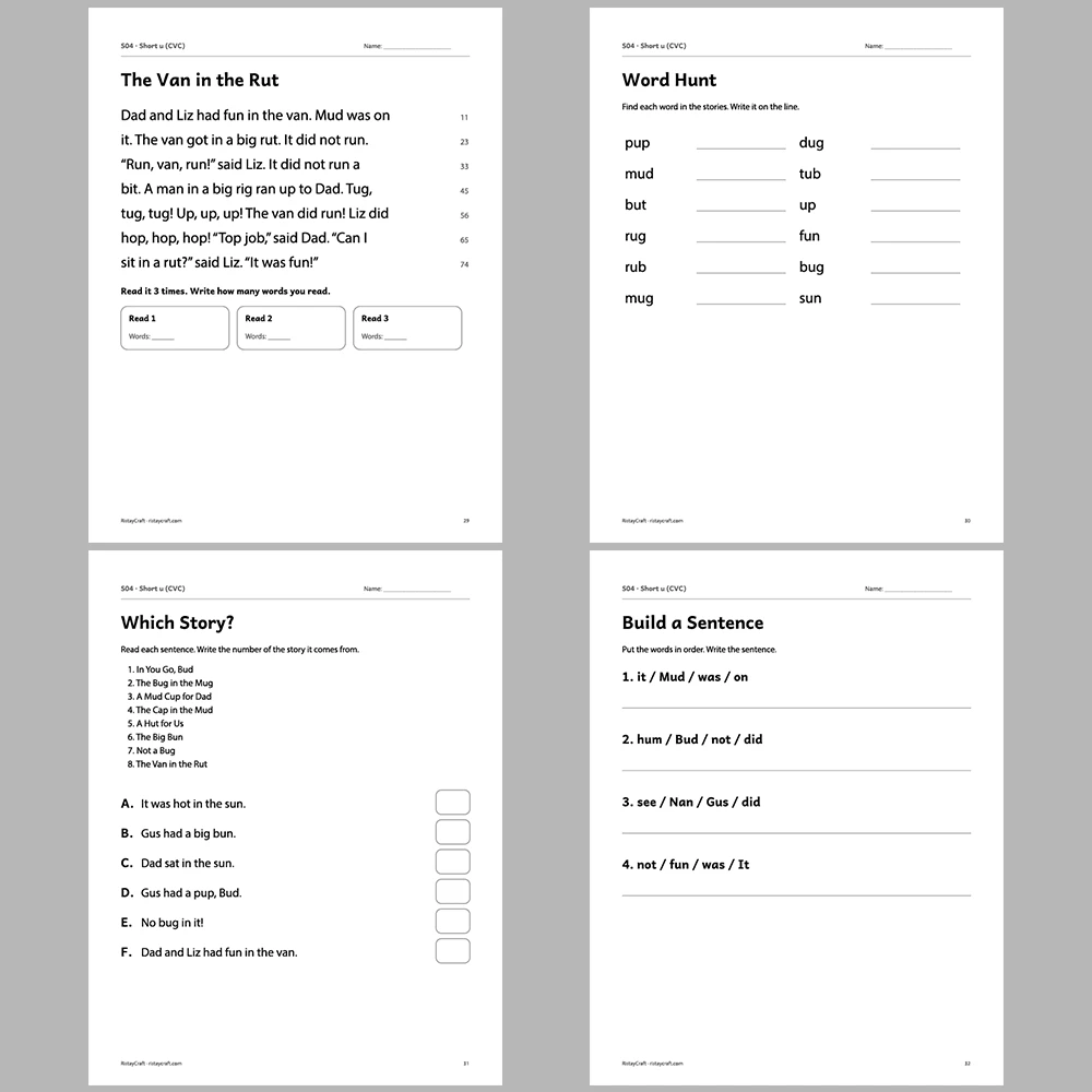 Short u (CVC) Decodable Readers | 8 Stories 38 Pages | Phonics Printable PDF | Ages 5-6