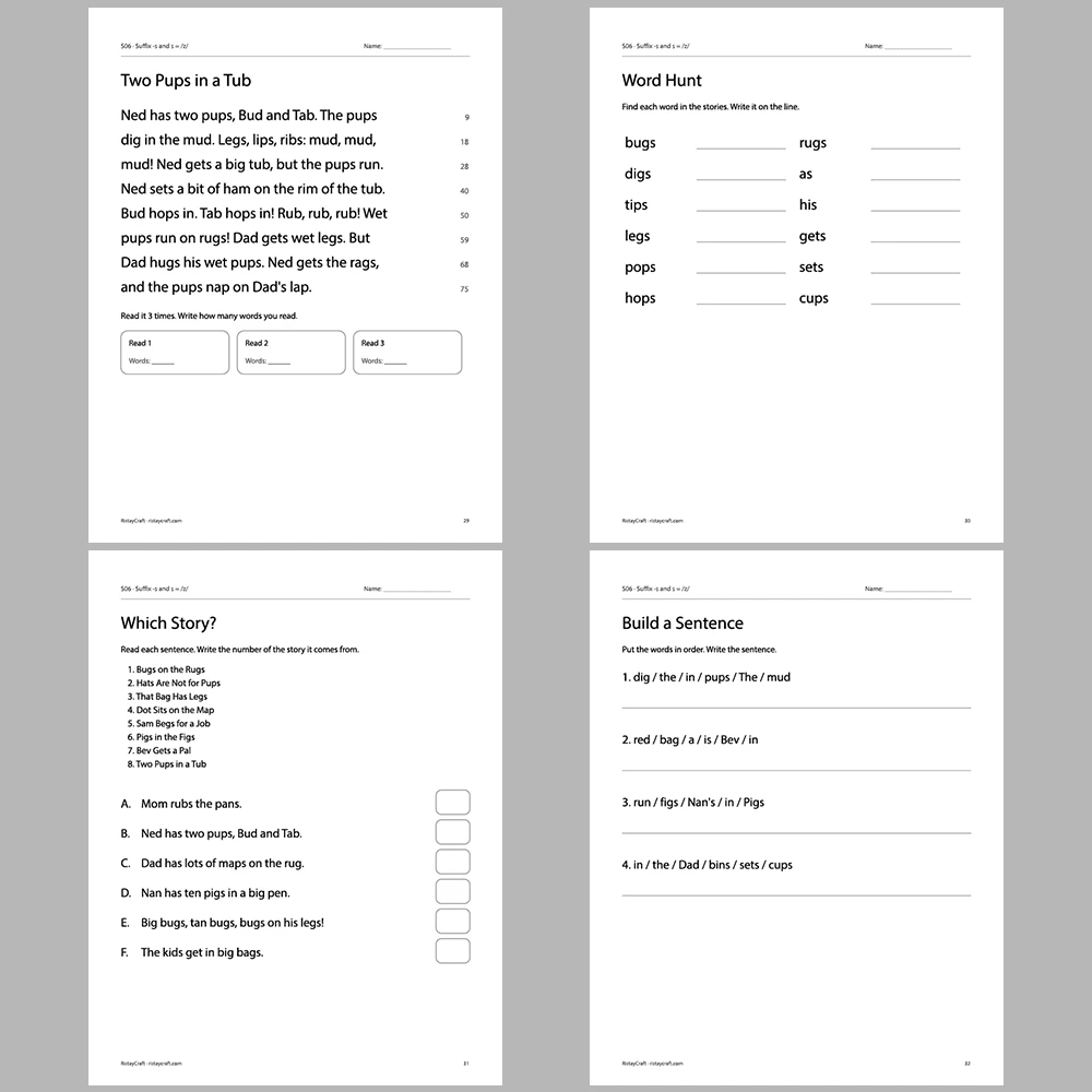 Suffix -s and s = /z/ Decodable Readers | 8 Stories 38 Pages | Phonics Printable PDF | Ages 5-6
