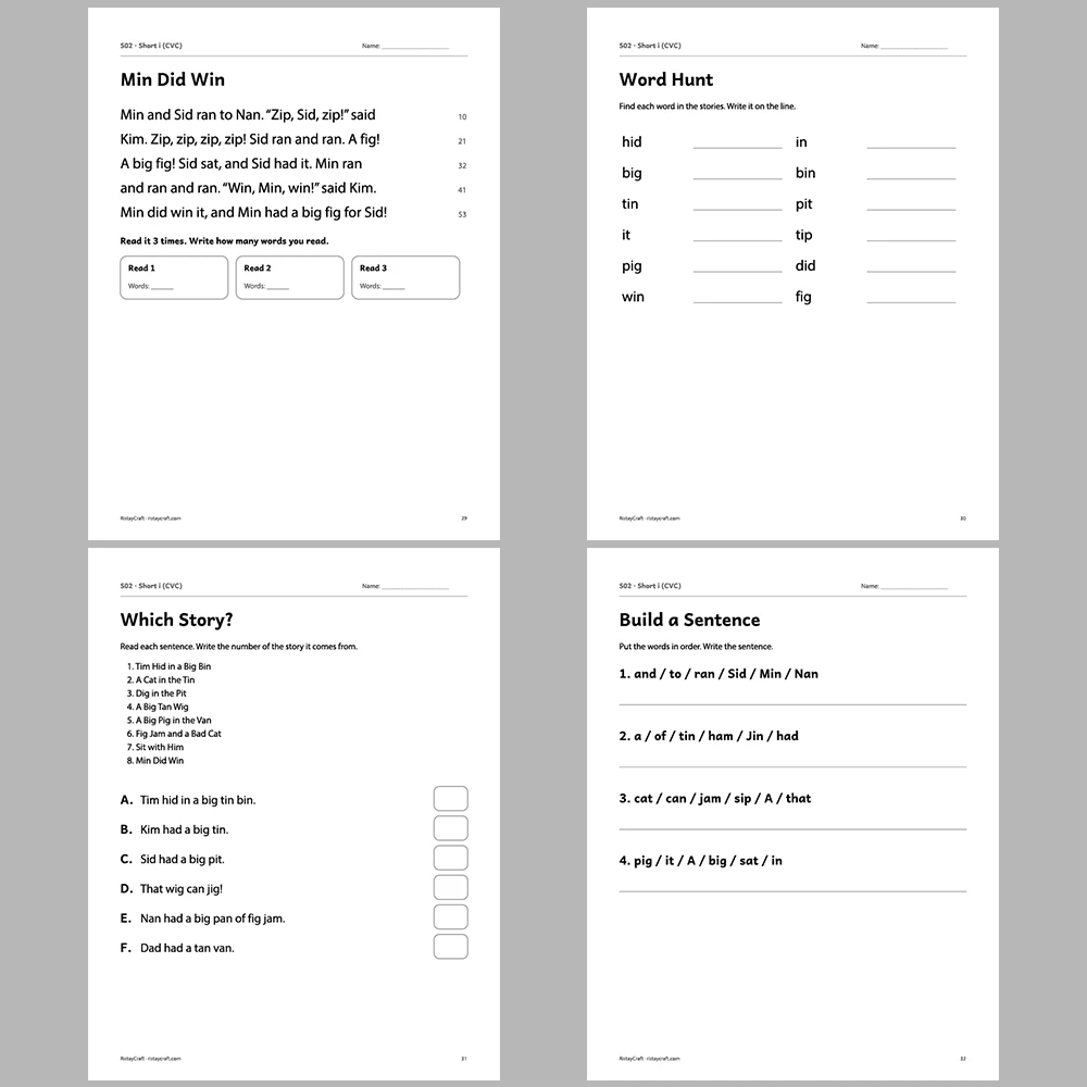 Short i (CVC) Decodable Readers | 8 Stories 38 Pages | Phonics Printable PDF | Ages 5-6