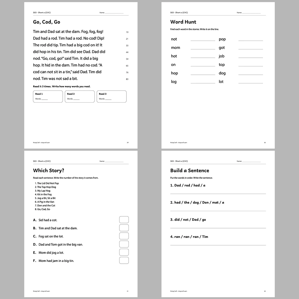 Short o (CVC) Decodable Readers | 8 Stories 38 Pages | Phonics Printable PDF | Ages 5-6