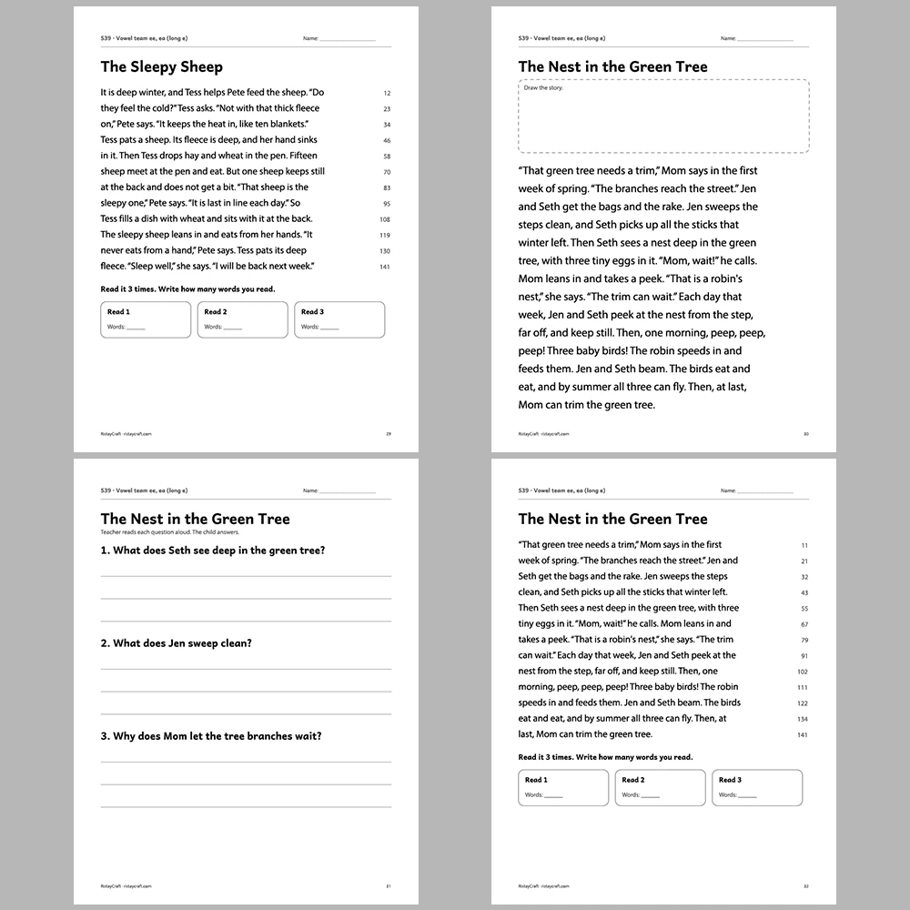 Vowel team ee, ea (long e) Decodable Readers | 10 Stories 44 Pages | Phonics Printable PDF | Ages 6-8