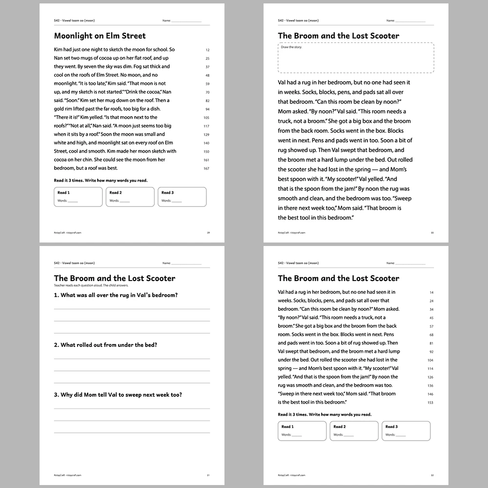 Vowel team oo (moon) Decodable Readers | 10 Stories 44 Pages | Phonics Printable PDF | Ages 6-9