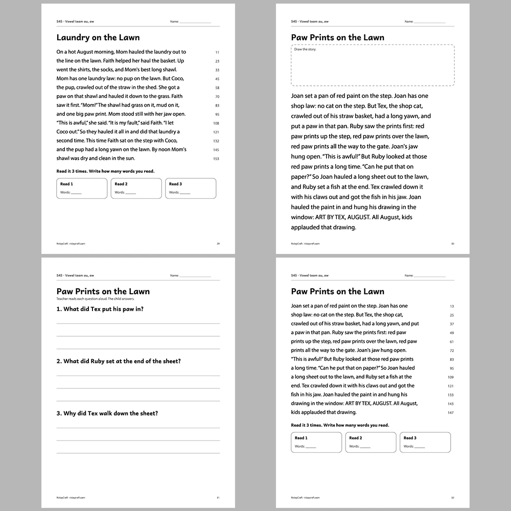 Vowel team au, aw Decodable Readers | 10 Stories 44 Pages | Phonics Printable PDF | Ages 6-9