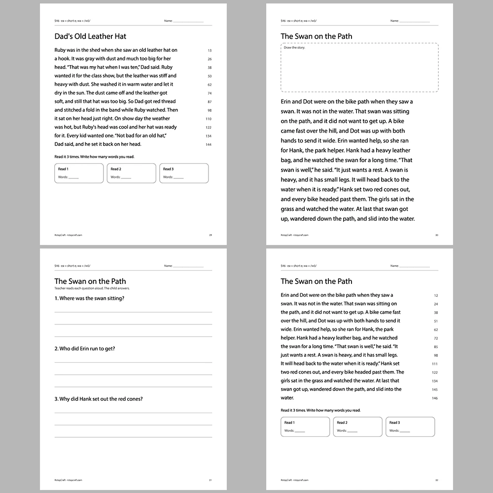 ea = short e; wa = /wŏ/ Decodable Readers | 10 Stories 44 Pages | Phonics Printable PDF | Ages 6-9