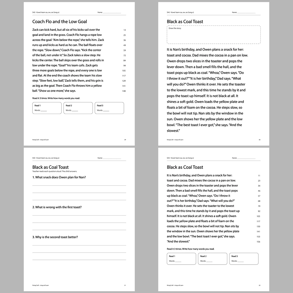 Vowel team oa, ow, oe (long o) Decodable Readers | 10 Stories 44 Pages | Phonics Printable PDF | Ages 6-8