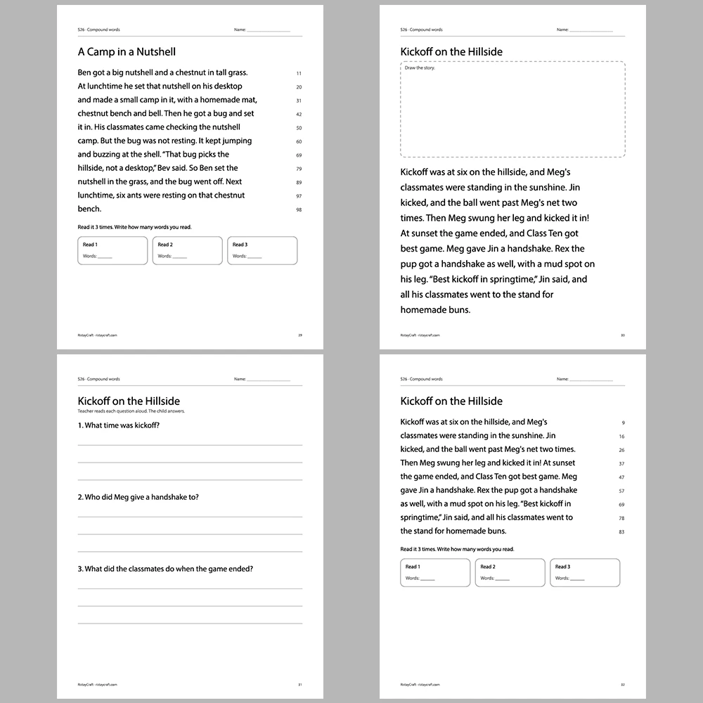 Compound words Decodable Readers | 10 Stories 44 Pages | Phonics Printable PDF | Ages 6-8