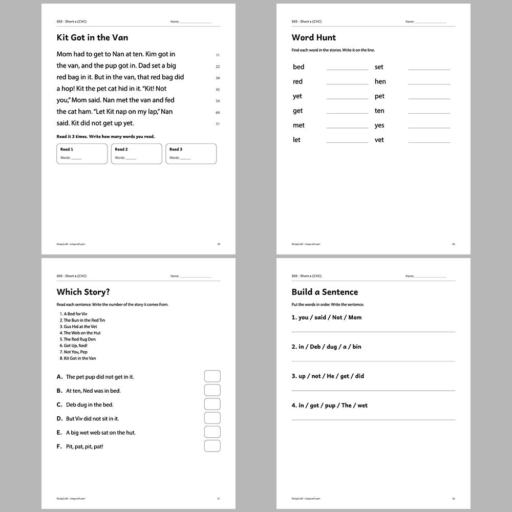 Short e (CVC) Decodable Readers | 8 Stories 38 Pages | Phonics Printable PDF | Ages 5-6