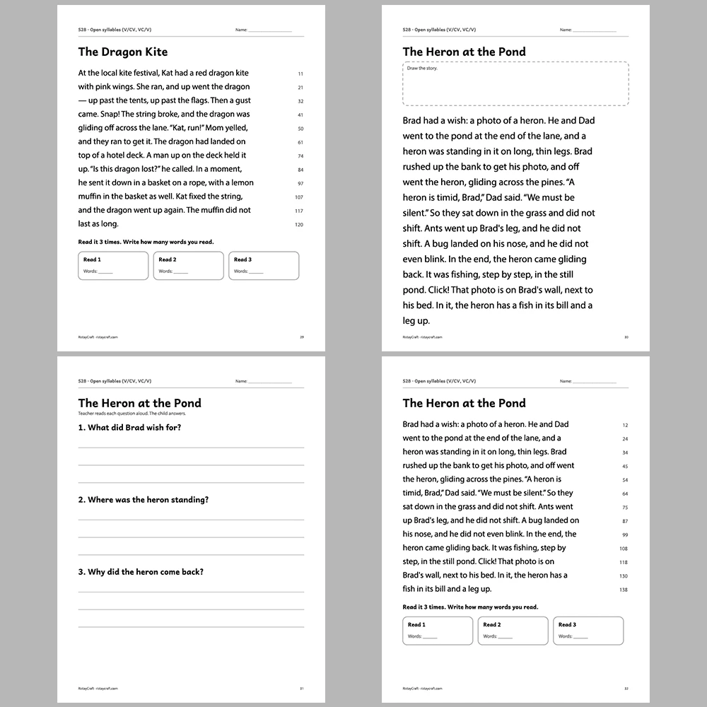 Open syllables (V/CV, VC/V) Decodable Readers | 10 Stories 44 Pages | Phonics Printable PDF | Ages 6-8