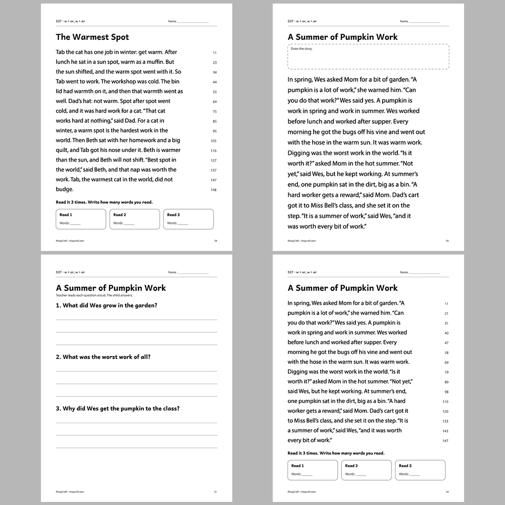 w + or, w + ar Decodable Readers | 10 Stories 44 Pages | Phonics Printable PDF | Ages 6-8