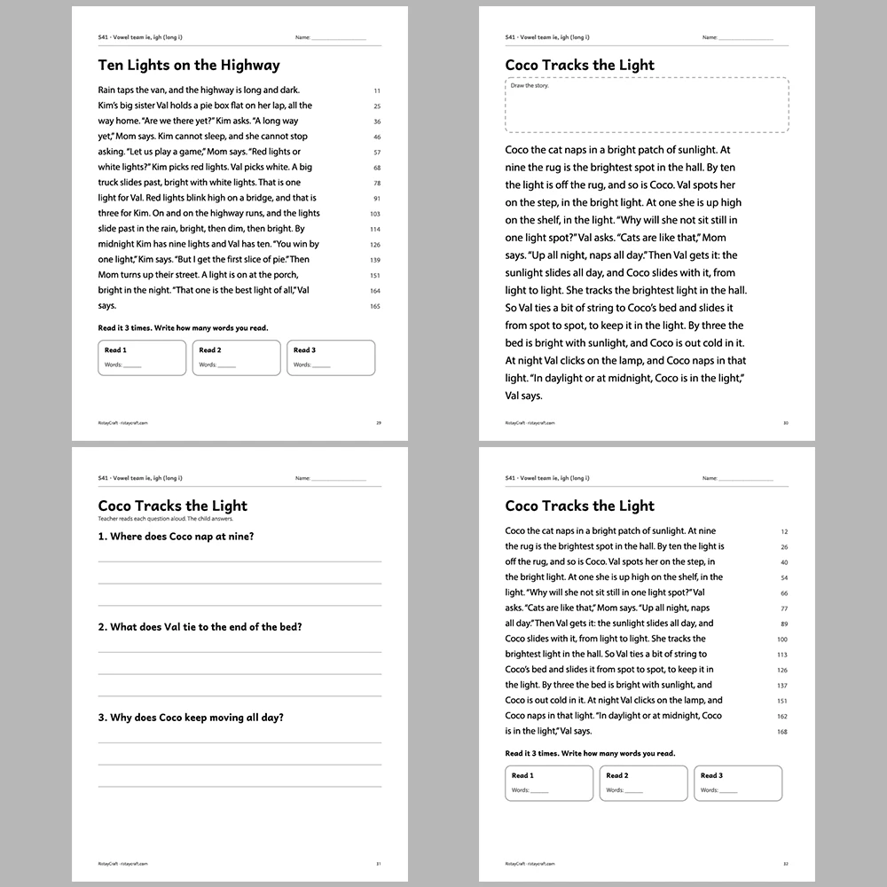 Vowel team ie, igh (long i) Decodable Readers | 10 Stories 44 Pages | Phonics Printable PDF | Ages 6-9