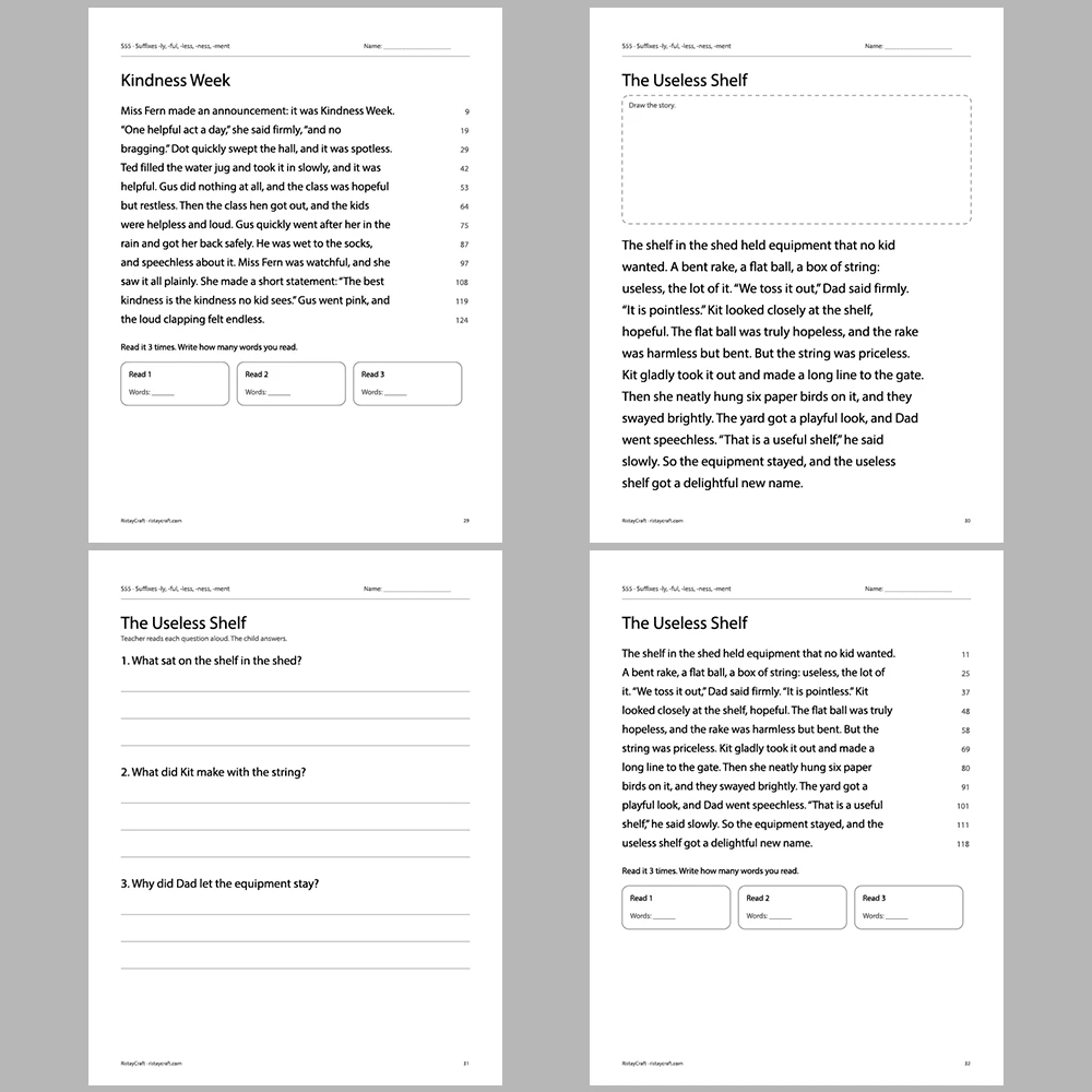 Suffixes -ly, -ful, -less, -ness, -ment Decodable Readers | 10 Stories 44 Pages | Phonics Printable PDF | Ages 6-9