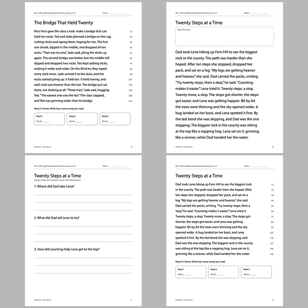 Suffix spelling changes (doubling, drop e, y to i) Decodable Readers | 10 Stories 44 Pages | Phonics Printable PDF | Ages 6-9