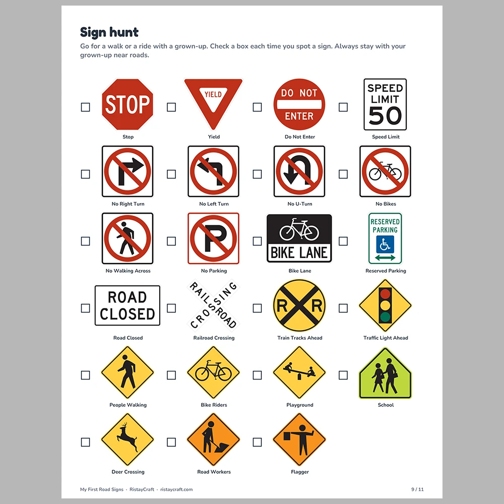 Road Signs Flash Cards for Kids | 23 Traffic Signs with Simple Meanings | Preschool Kindergarten Safety Activity | Printable PDF