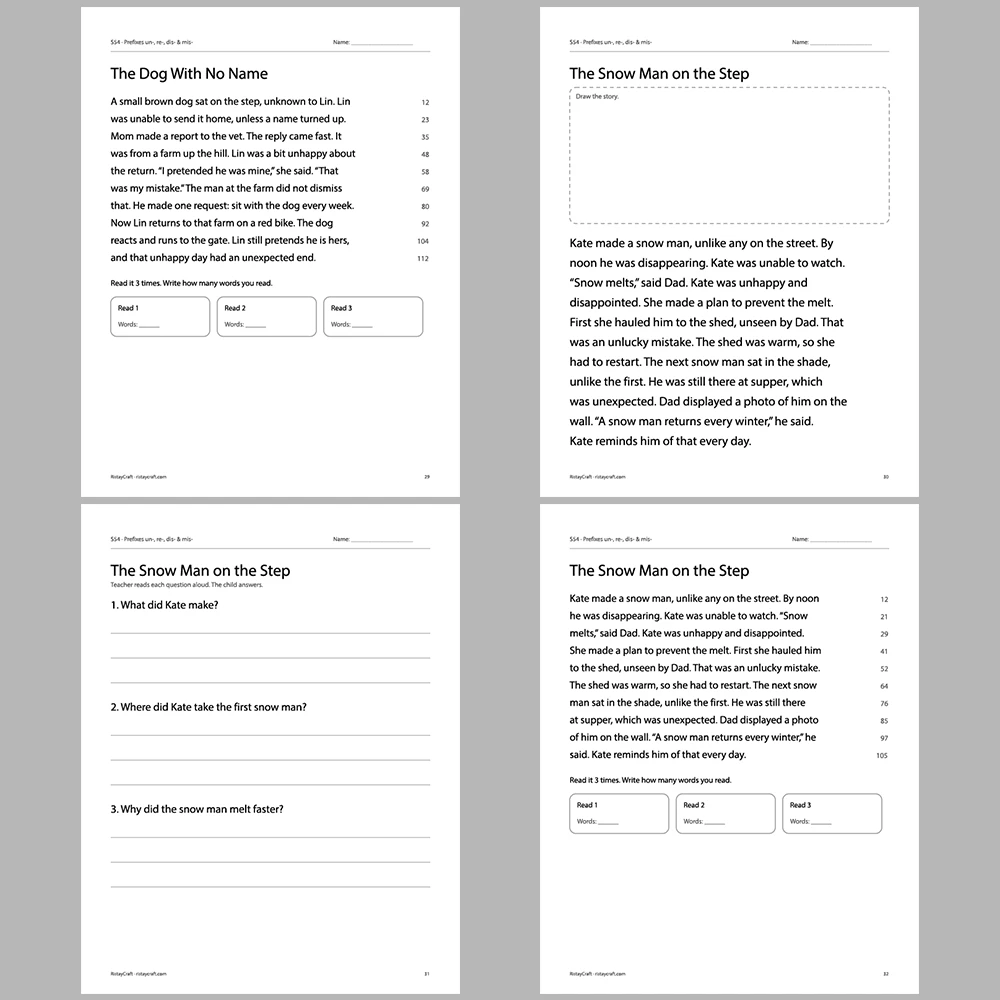 Prefixes un-, re-, dis- & mis- Decodable Readers | 10 Stories 44 Pages | Phonics Printable PDF | Ages 6-9