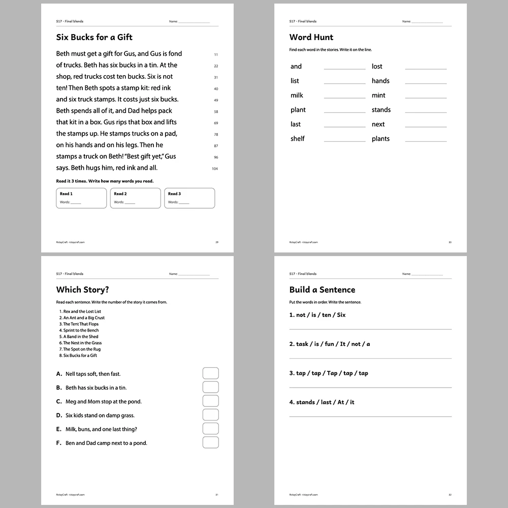 Final blends Decodable Readers | 8 Stories 38 Pages | Phonics Printable PDF | Ages 5-6