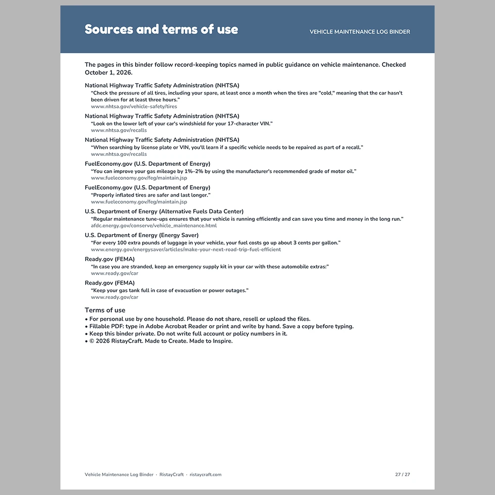Vehicle Maintenance Log Binder Printable | Car Service Record, Oil Change Log, Fuel Log, Repair Log | Fillable PDF Download