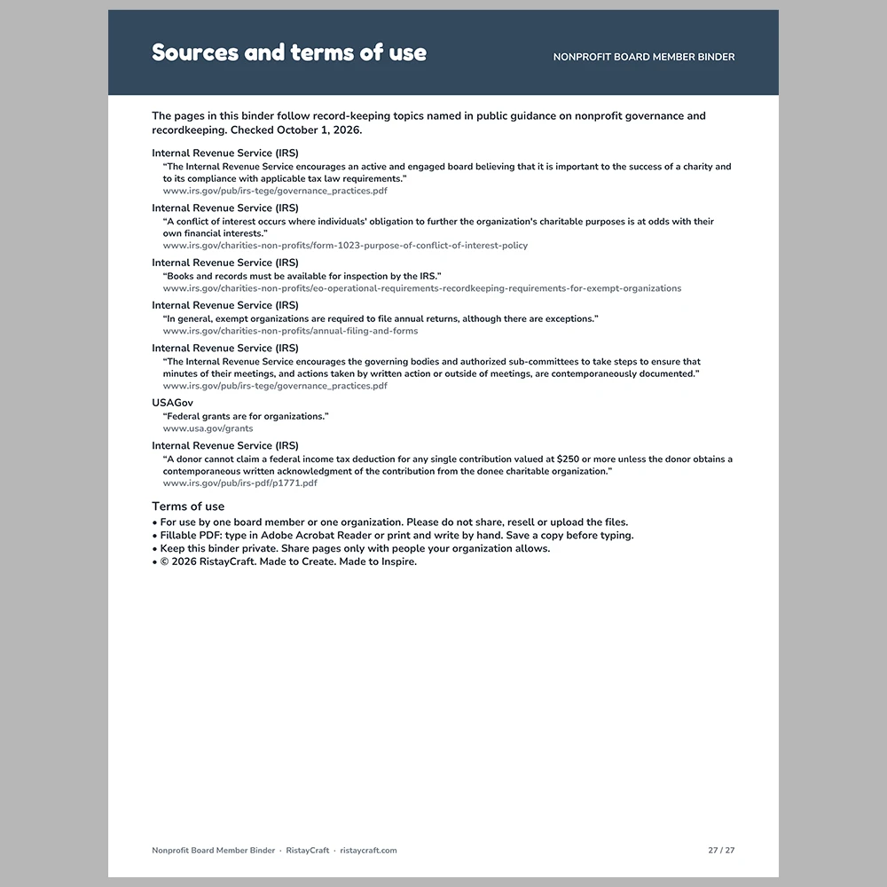 Nonprofit Board Member Binder Printable | Board Roster, Committees, Meeting Notes, Action Items & Donor Log | Fillable PDF Organizer