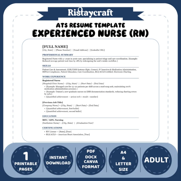 Experienced Nurse (RN) Resume Template | ATS-Friendly Word & PDF Resume