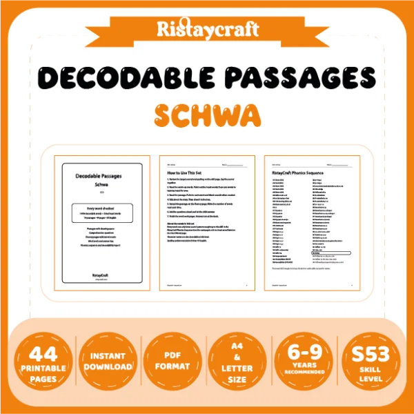 Schwa Decodable Readers | 10 Stories 44 Pages | Phonics Printable PDF | Ages 6-9