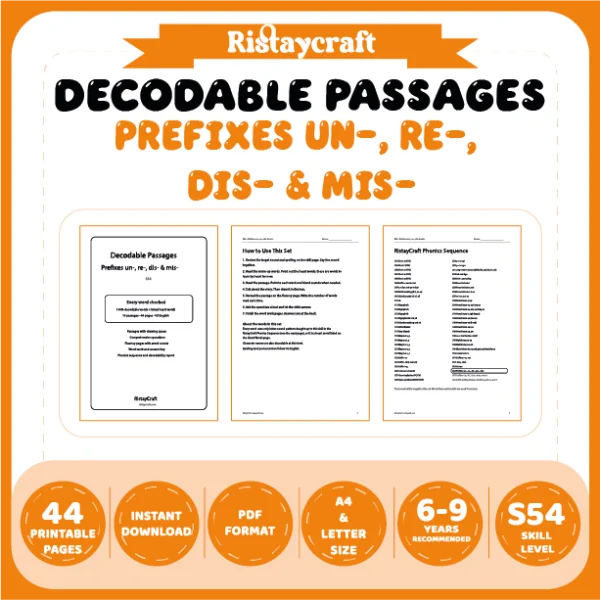 Prefixes un-, re-, dis- & mis- Decodable Readers | 10 Stories 44 Pages | Phonics Printable PDF | Ages 6-9