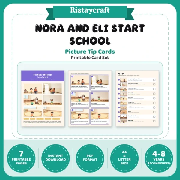 First Day of School Picture Tip Cards | Printable Visual Sequence Cards for Kids Ages 4–8 | Social Narrative Companion