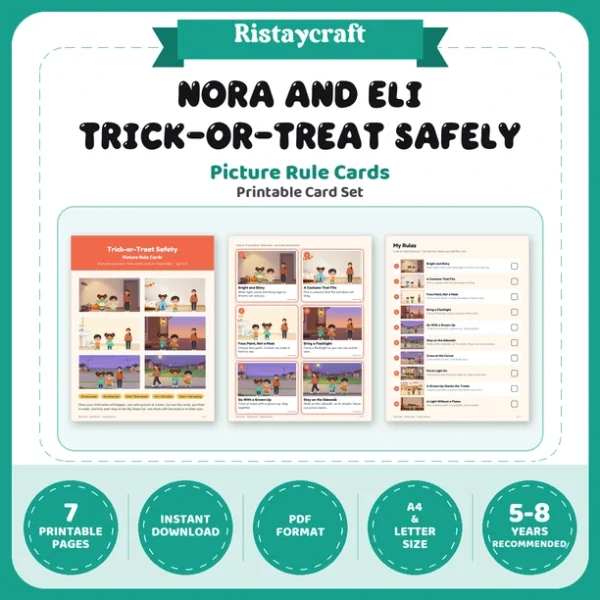 Trick-or-Treat Safety Picture Rule Cards | Printable Visual Sequence Cards for Kids Ages 5–8 | Safety Rules Companion