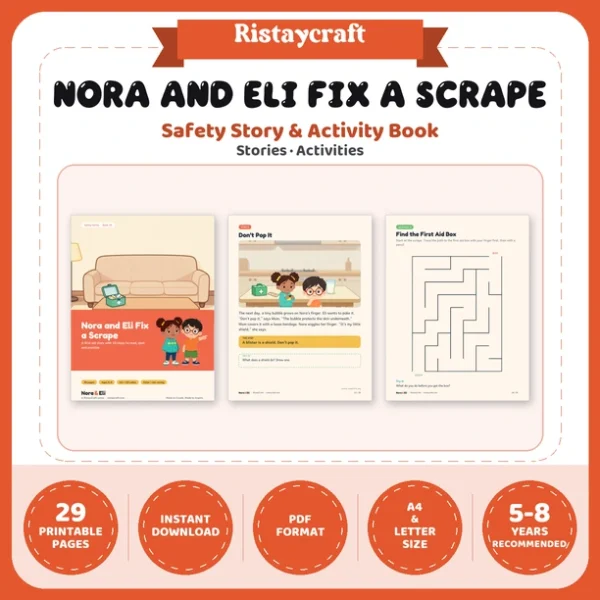 First Aid for Kids Printable | 29-Page Small Hurts First Aid Workbook Ages 5–8 | Scrapes Nosebleeds Stings Stories Activities