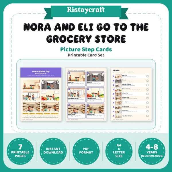 Grocery Store Trip Picture Step Cards | Printable Visual Sequence Cards for Kids Ages 4–8 | Social Narrative Companion