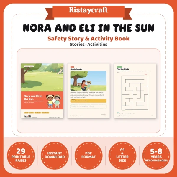 Sun Safety for Kids Printable | 29-Page Summer Heat and Sunscreen Workbook Ages 5–8 | Shade Hat Water Stories Activities