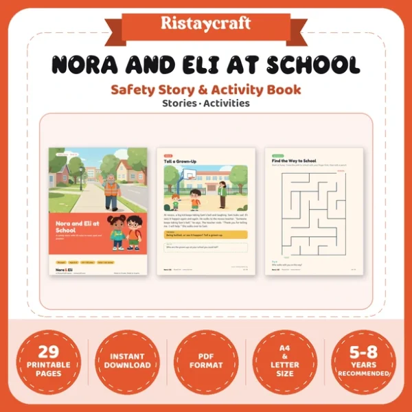 School Safety for Kids Printable | 29-Page Back to School Rules Workbook Ages 5–8 | Bus Handwashing Bullying Stories Activities