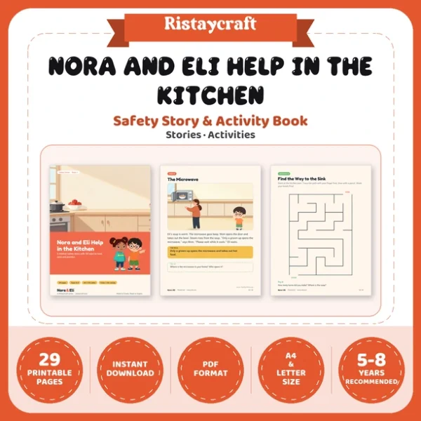 Kitchen Safety for Kids Printable | 29-Page Cooking Safety Workbook Ages 5–8 | Stove Hot Pan Handwashing Stories Activities