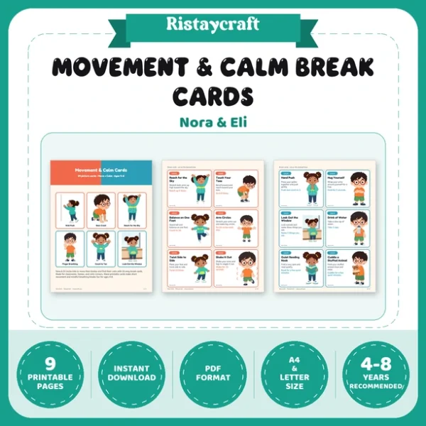 Movement & Calm Break Cards for Kids, Printable Brain Break Cards Ages 4-8, Classroom Calm Corner, Nora & Eli