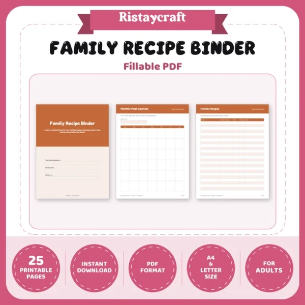 Family Recipe Binder Printable | Recipe Book Template PDF | Recipe Cards, Meal Planner, Pantry List | Instant Download