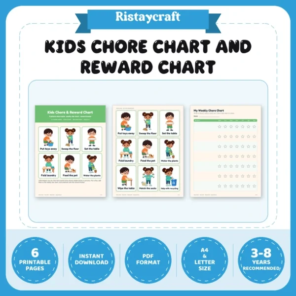 Kids Chore Chart and Reward Chart Printable | 11 Picture Chore Cards, Weekly Star Chart & Reward Tracker | Toddler Preschool Ages 3-8